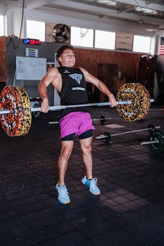 Athletic young man performing a snatch lift in a brightly lit gym setting.