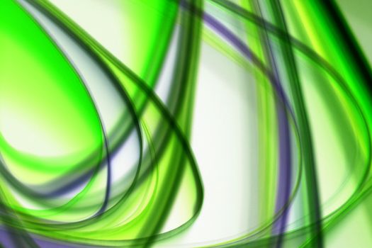 Dynamic green and purple light streaks forming abstract shapes against a soft background.