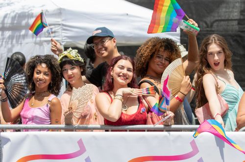 Free Joyful group celebrating Pride in NYC with rainbow flags and fans. Stock Photo