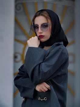 Stylish woman in sunglasses and black hijab, exuding elegance and modern fashion.