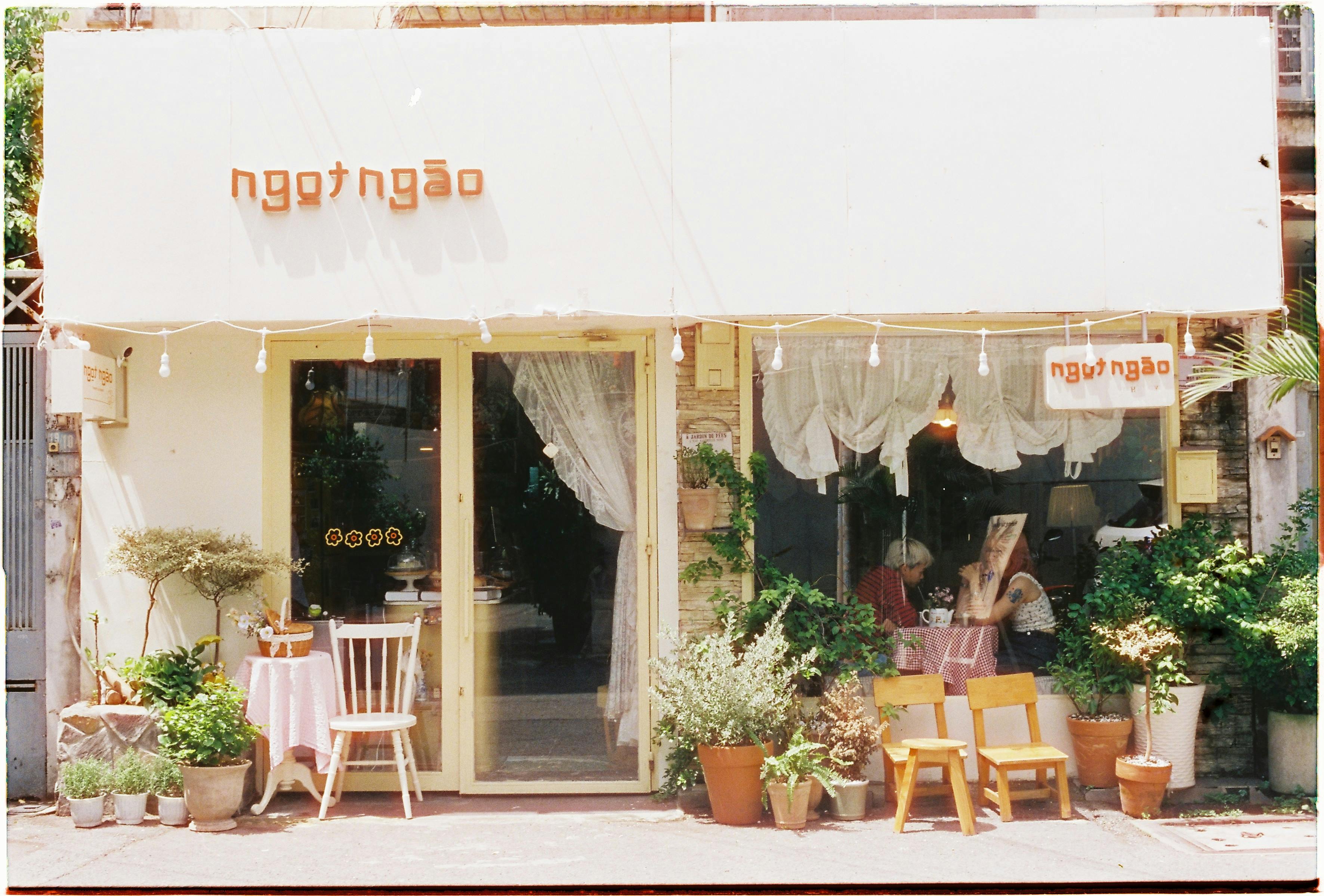 A cozy cafe with a vintage exterior, surrounded by lush plants, inviting customers in.