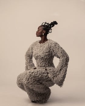 Elegant editorial fashion portrait of a woman in textured attire, showcasing style and grace.
