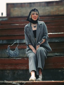 A young woman with chic style poses outdoors in a modern outfit, exuding confidence.