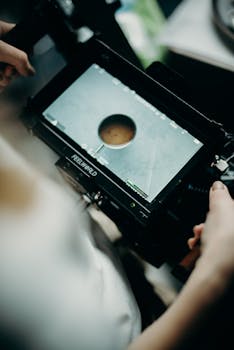 Close-up view of a screen capturing a soup, highlighting video production setup.