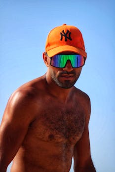 A confident man wearing vibrant sunglasses and an orange cap, enjoying a sunny day outdoors.