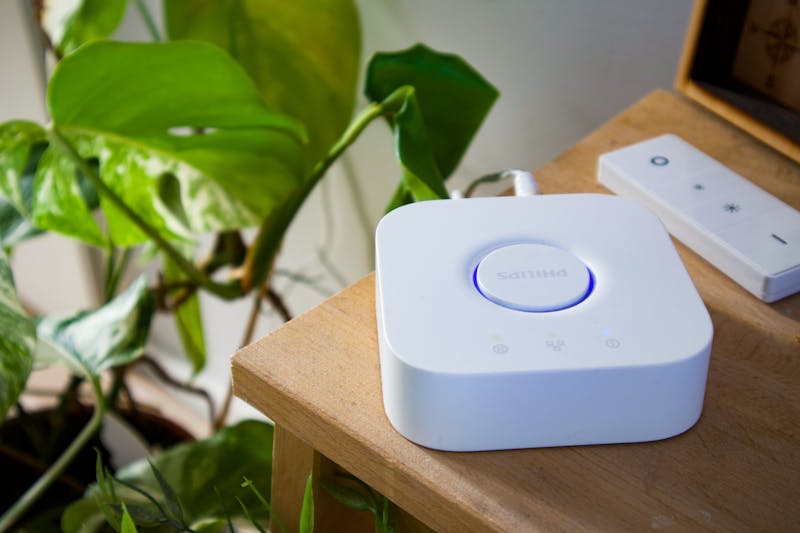 Philips smart hub beside a leafy plant in a stylish indoor setting, showcasing modern home automation.