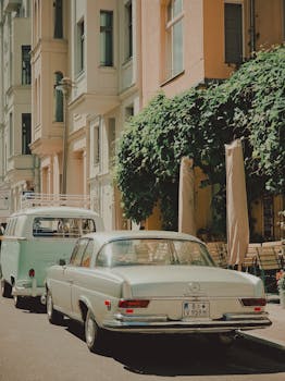 Classic Mercedes Benz parked on a sunlit Berlin street, capturing vintage charm.
