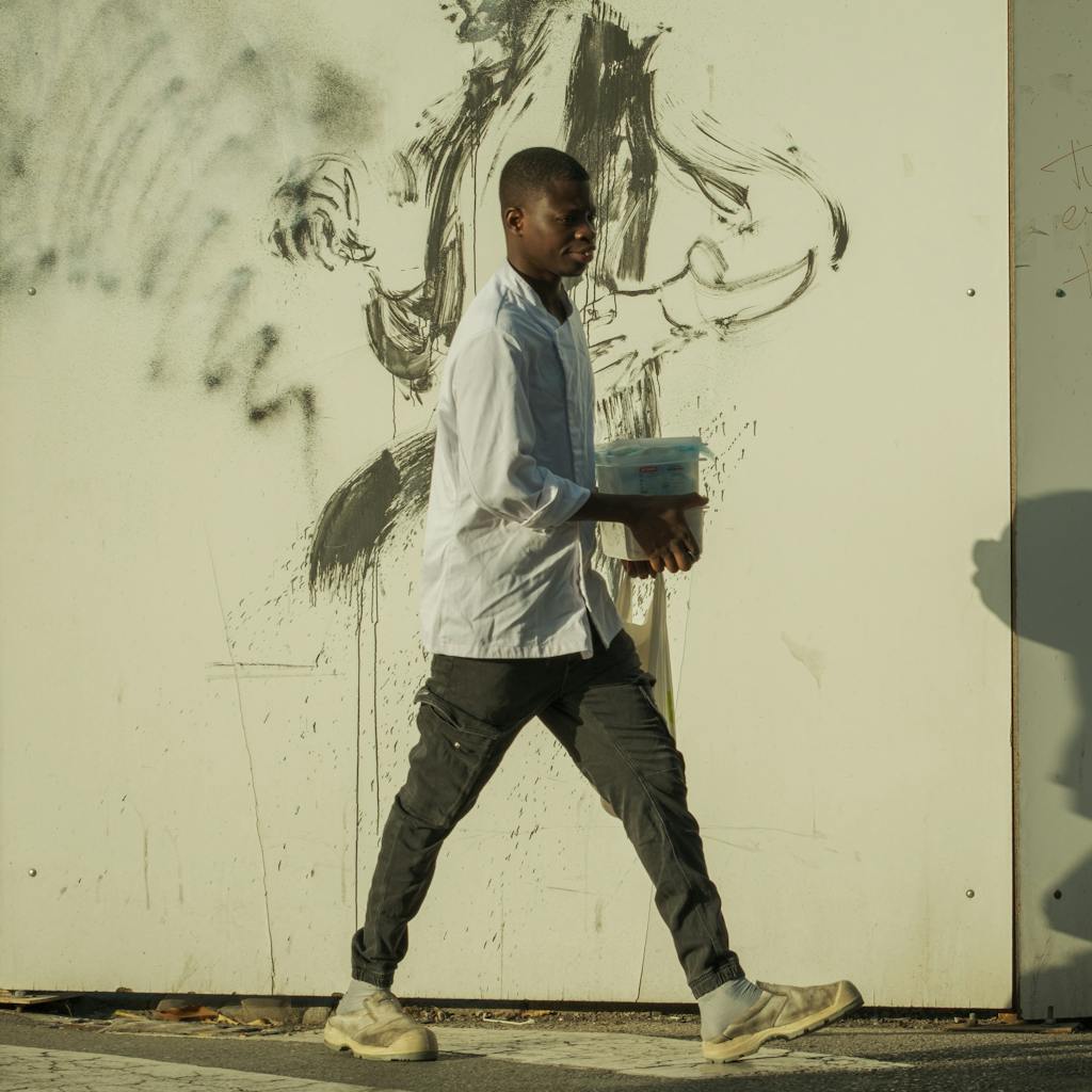 Man walking past a mural carrying a container.