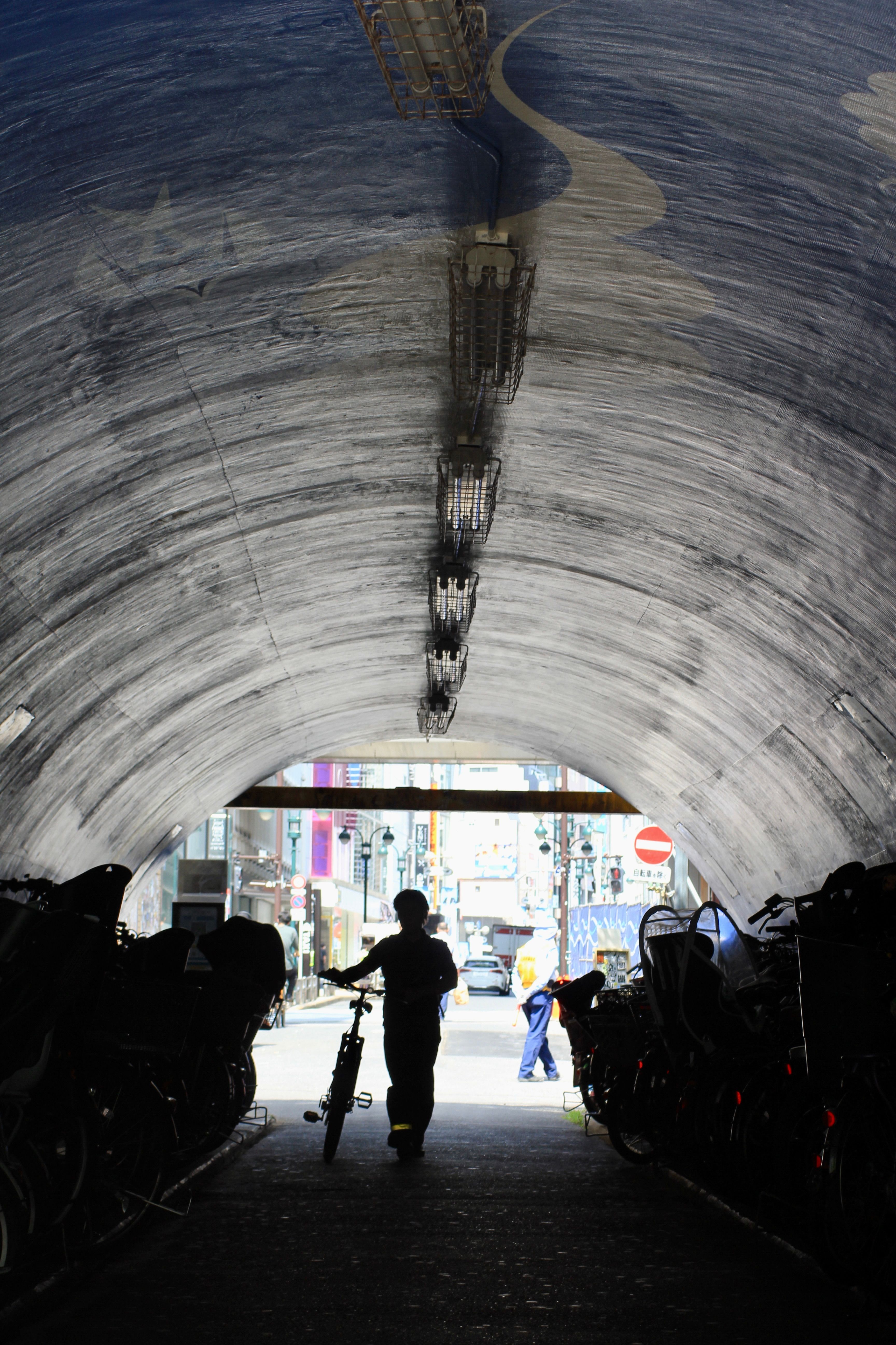 Silhouette of a cyclist with urban backdrop under a city tunnel, dramatic lighting.