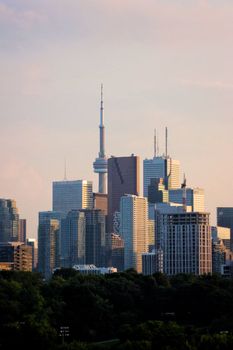 Beautiful view of Toronto's skyline featuring the iconic CN Tower at sunset.