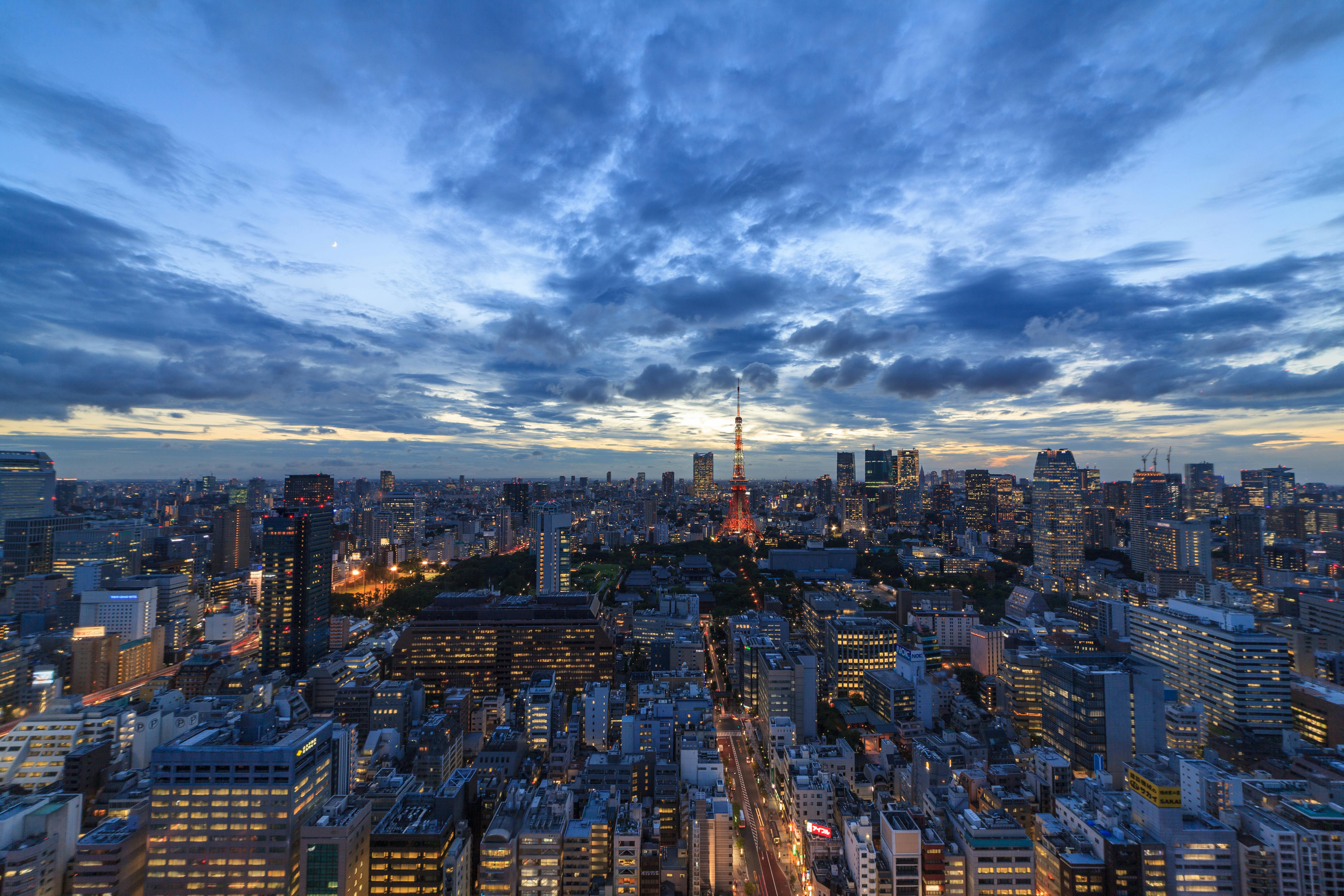 Aerial view of Tokyo skyline at twilight featuring the iconic Tokyo Tower under a dramatic sky.