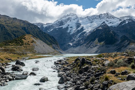 Breathtaking landscape of Aoraki Mount Cook with river and snow-capped peaks in New Zealand's Canterbury Region.