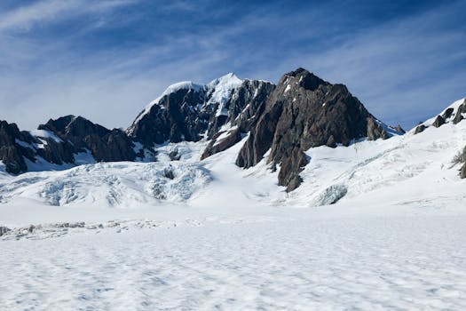 Breathtaking landscape of Fox Glacier in New Zealand's South Island with a clear sky.