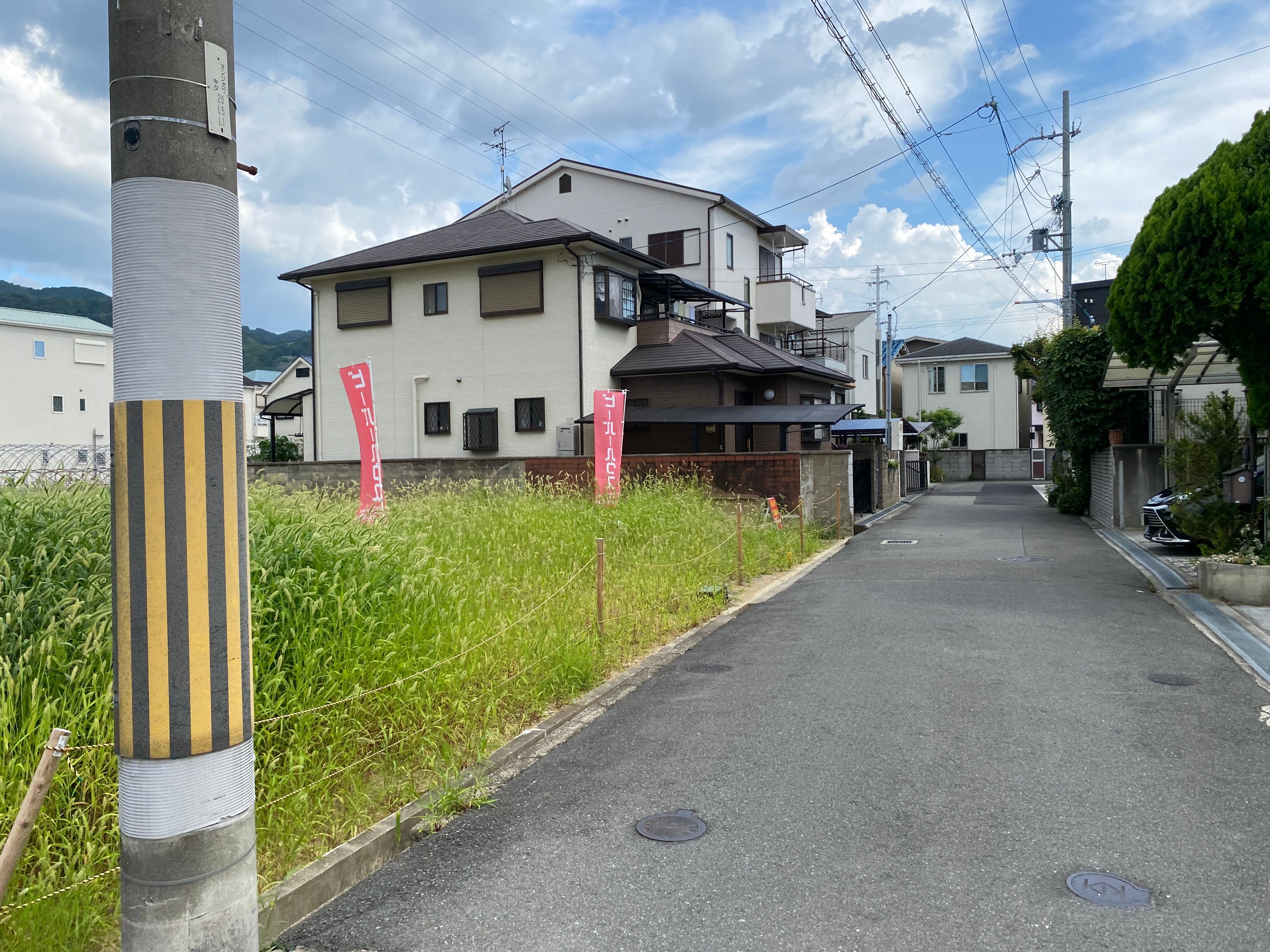 Japanese residential street with older houses and vacant land