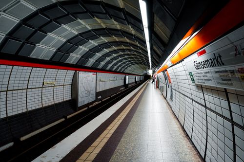 Free A modern and empty Gänsemarkt metro station in Hamburg, showcasing architectural details. Stock Photo
