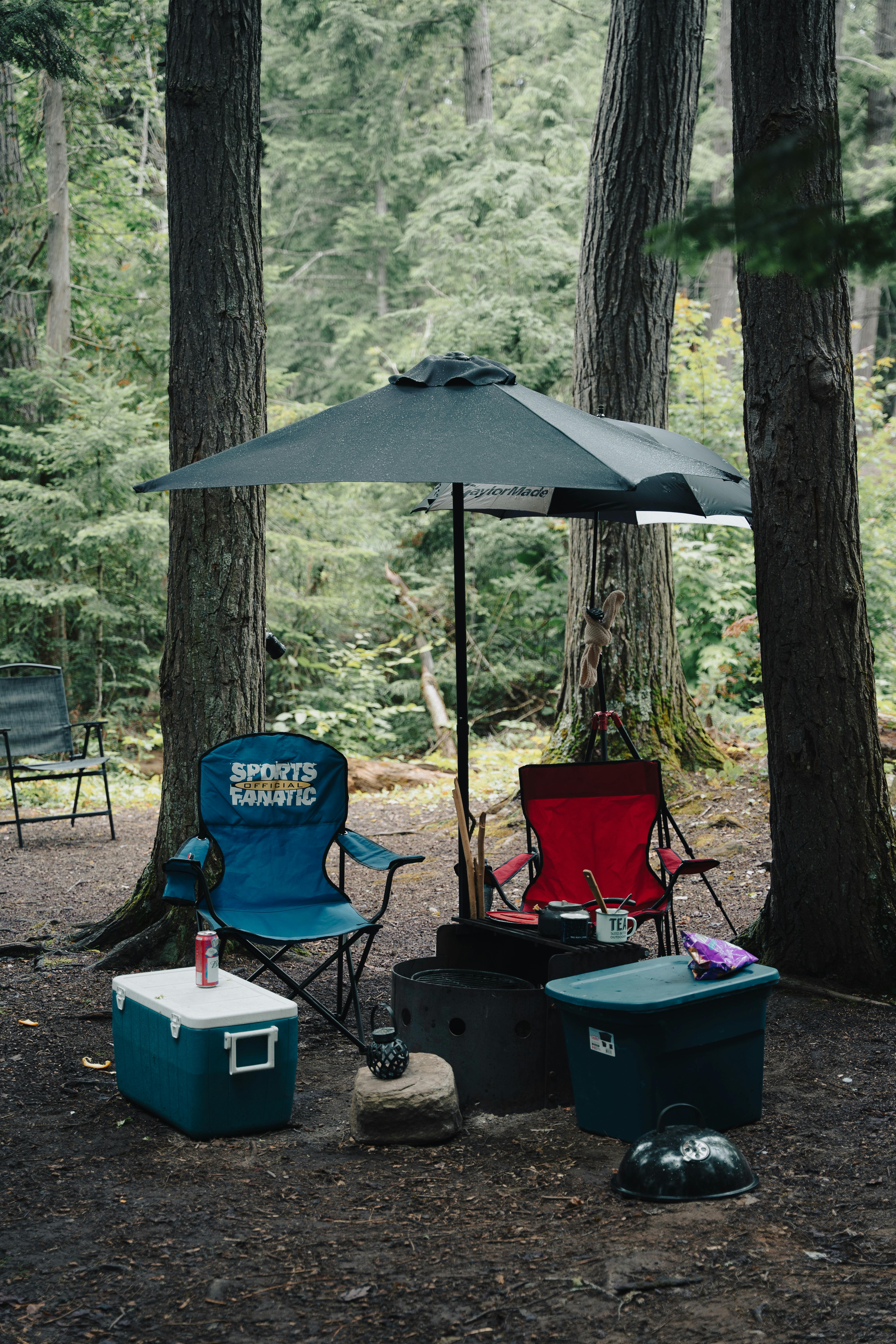 A tidy car camping campsite with a tent, camp chairs, and an organized kitchen setup at golden hour