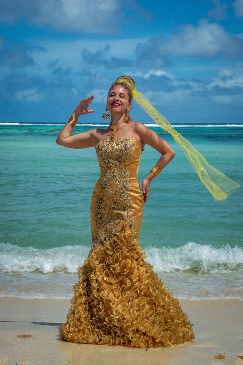 Elegant Woman in Golden Gown by Beach Free Stock Photo Elegant Woman in Golden Gown by Beach Free Stock Photo