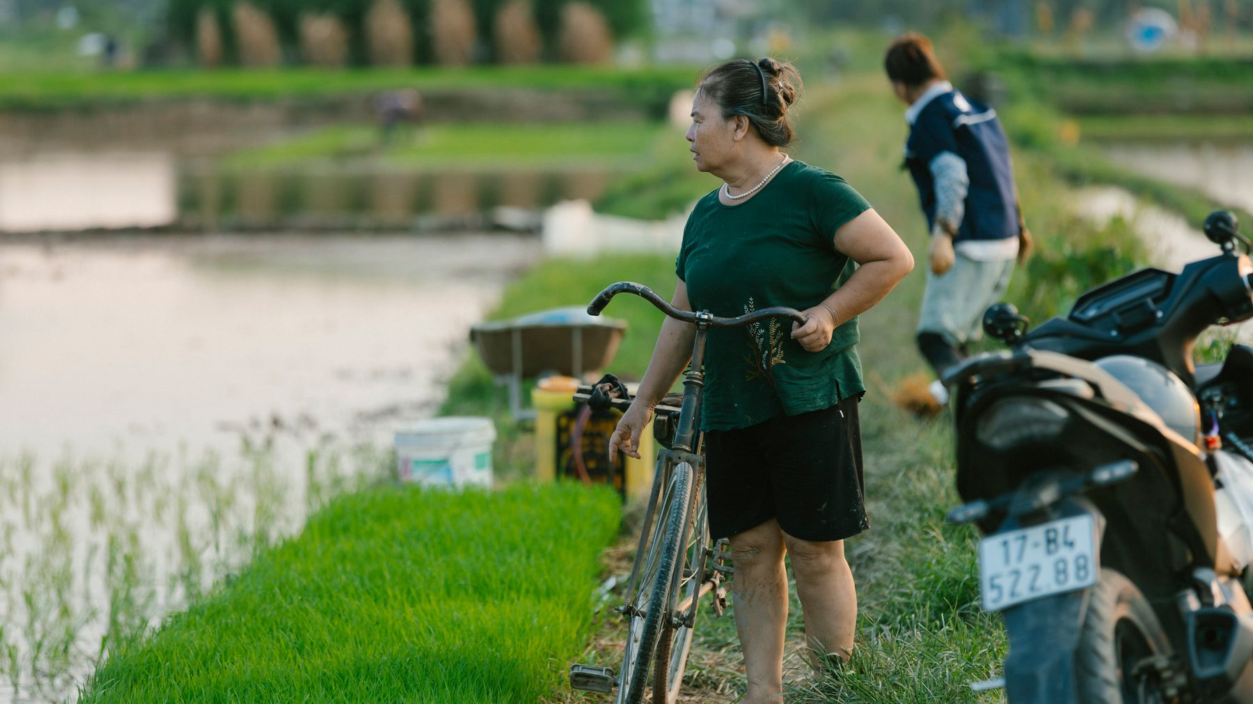A woman stands with her bicycle near a lush rice field, reflecting a serene rural setting.