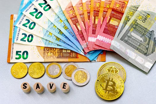 Euro banknotes and cryptocurrency coins arranged on a white surface with blocks spelling 'SAVE'.