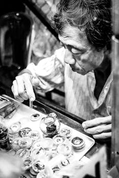 Black and white portrait of a focused artisan creating intricate crafts in Ho Chi Minh City, Vietnam.