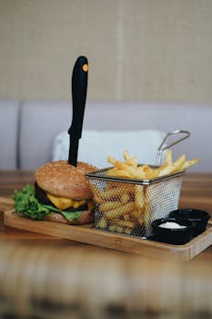 Delicious gourmet cheeseburger with lettuce, cheese, and a side of crispy French fries, served indoors.