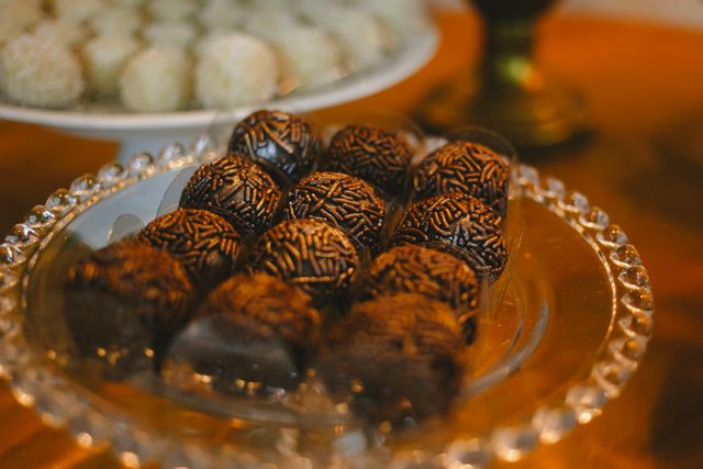 Close-up of chocolate brigadeiros on a crystal plate, perfect for desserts.