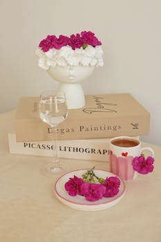Artistic table with pink flowers, Degas and Picasso books, and coffee cup.