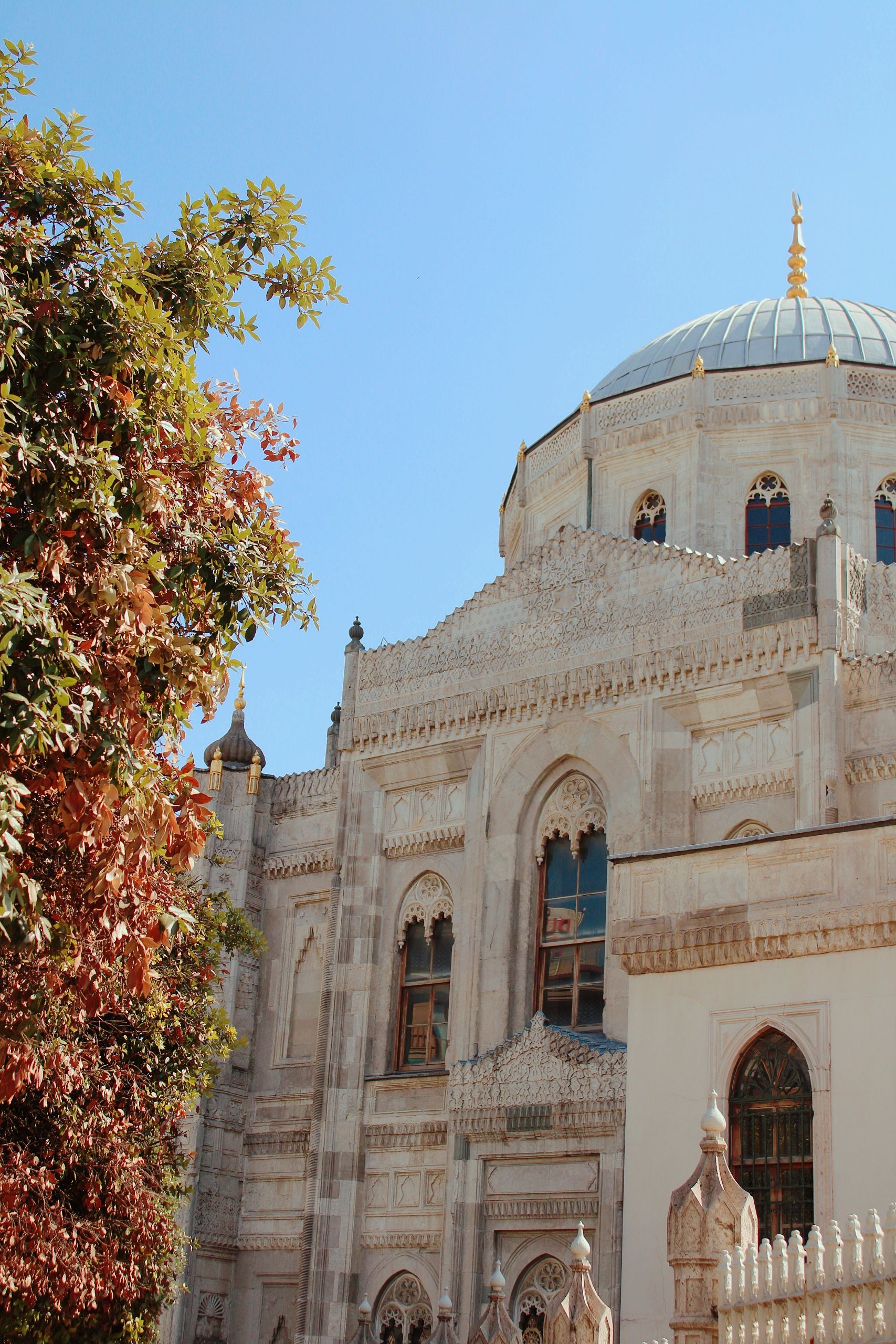 Ornate Mosque Facade with Autumn Leaves · Free Stock Photo