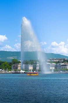 Beautiful view of the Jet d'Eau fountain in Lake Geneva with city and mountains in the background.