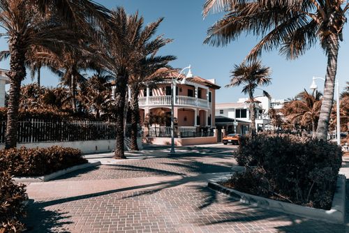 Free Charming tropical house surrounded by palm trees on a sunny street in Hollywood, Florida. Stock Photo