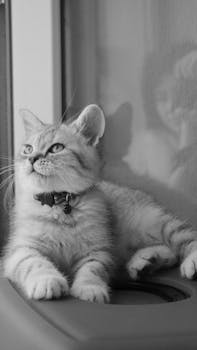 A serene black and white portrait of a cat relaxing indoors with a calm expression.