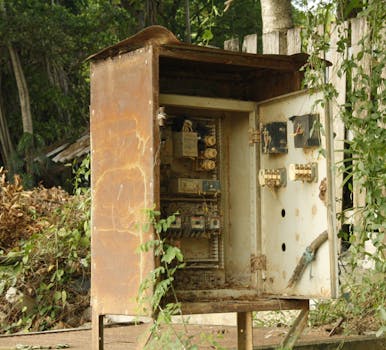 An old, rusty electrical control box in a rustic outdoor setting in Chiang Mai, Thailand.