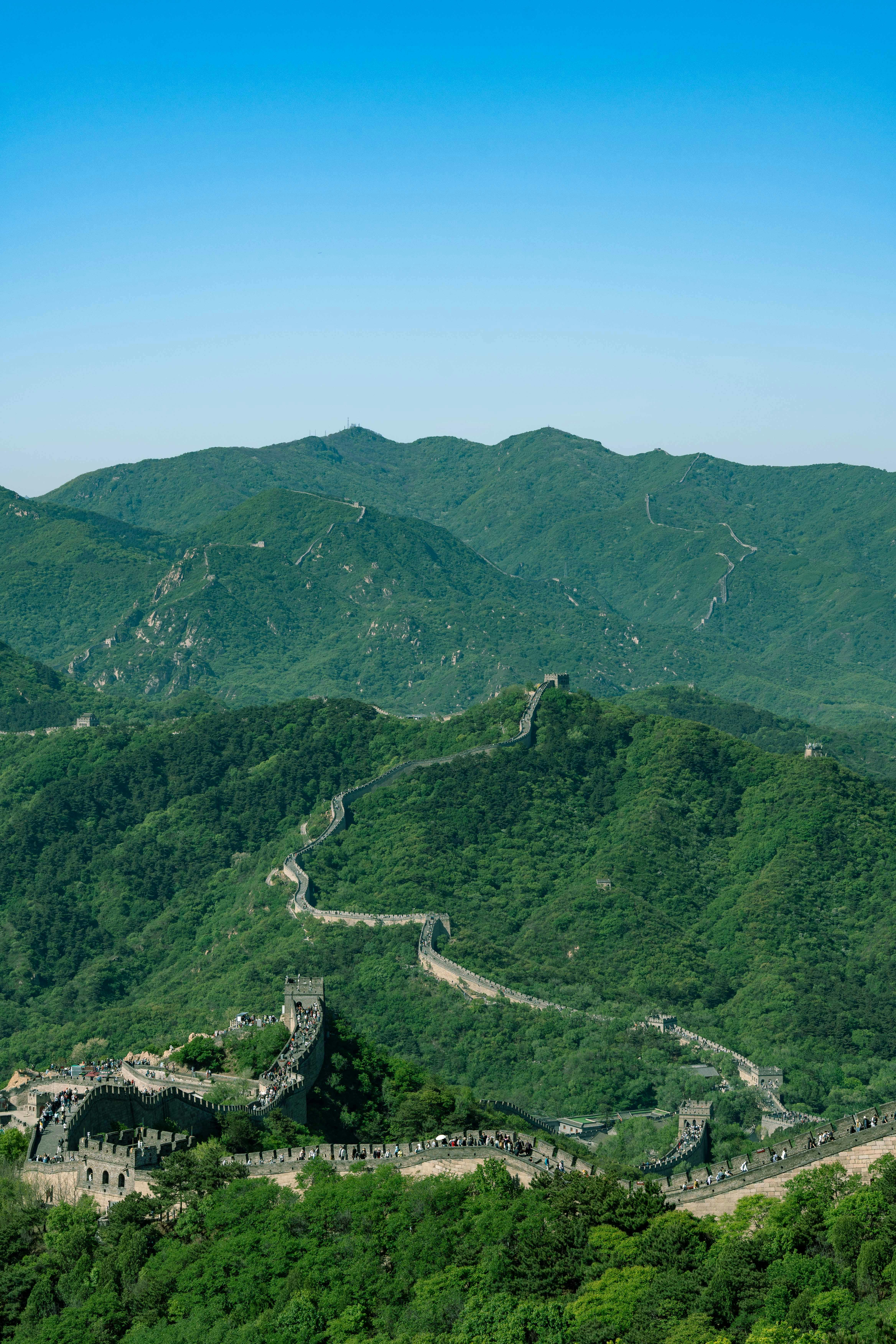 Aerial view of the Great Wall of China meandering through lush green hills under a clear blue sky.