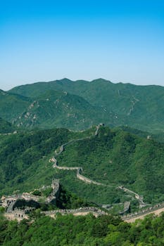 Aerial view of the Great Wall of China meandering through lush green hills under a clear blue sky.