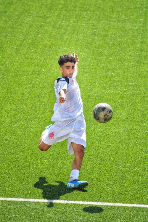 Free A young soccer player kicks the ball powerfully on a vibrant green field. Stock Photo