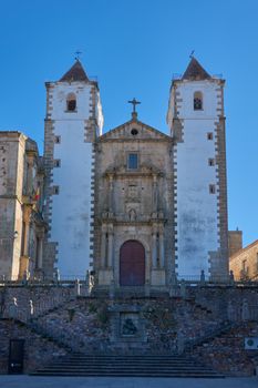 Front view of San Francisco Church, a historic landmark in Cáceres, Spain.