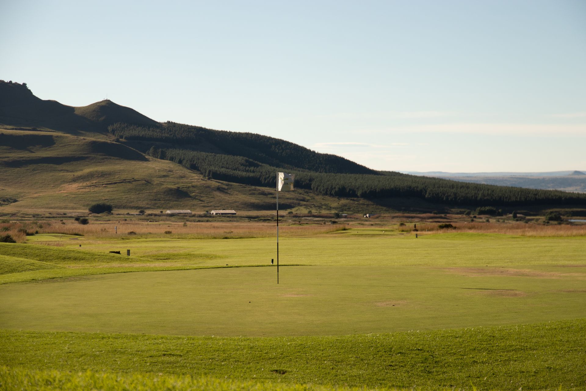 Bayraklı bir yeşile uzanan bir golf sahası fairway'i