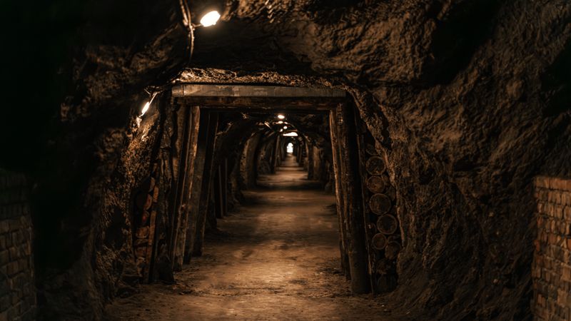 A dimly lit tunnel in Hinterbrühl, Austria, showcasing an underground cavern.