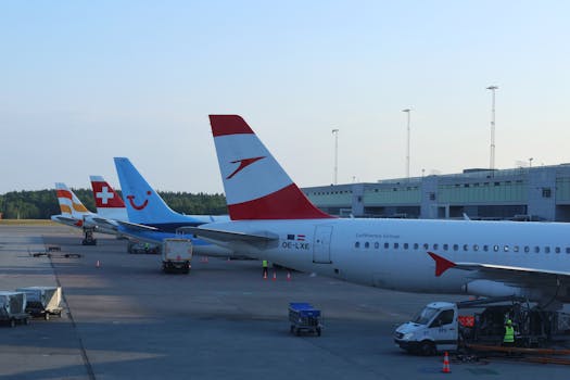 Multiple airplanes lined up at Oslo Airport terminal in daylight.