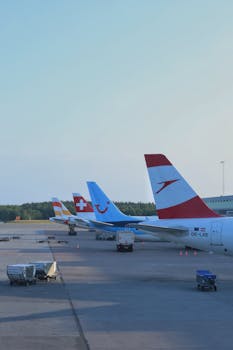 Lineup of airplane tails at Oslo Airport showcasing various airlines on a clear day.
