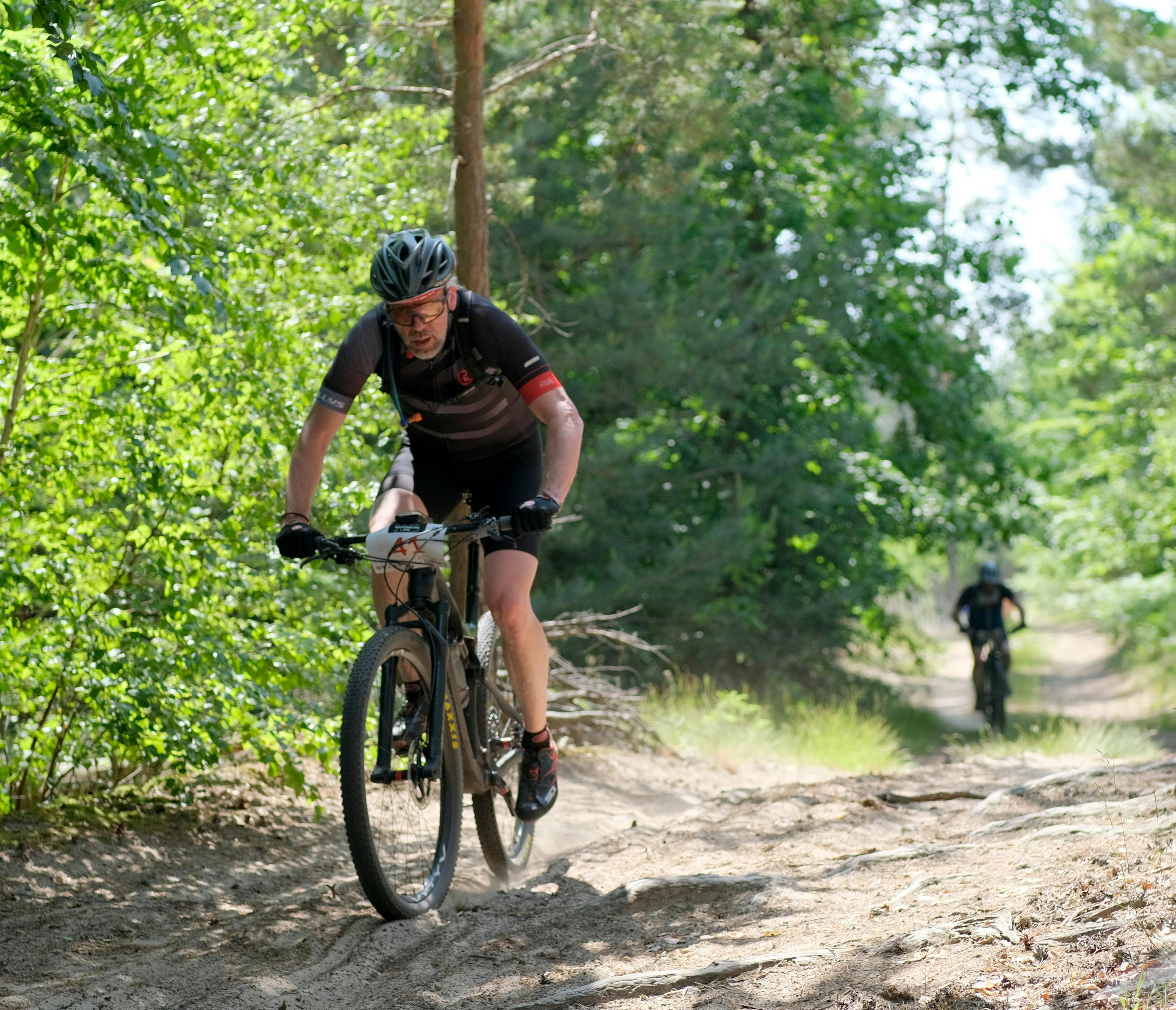 Two cyclists enjoy a sunny day biking through a natural forest trail.