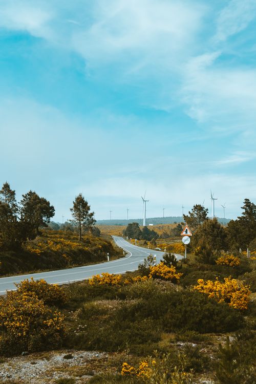 Free A winding road through a rural landscape with wind turbines under a blue sky. Stock Photo