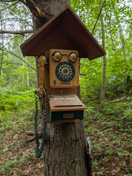 A rustic wooden phone booth mounted on a tree in a lush green forest.