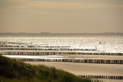 A tranquil New Zealand beach scene at sunset with pilings and gentle waves.