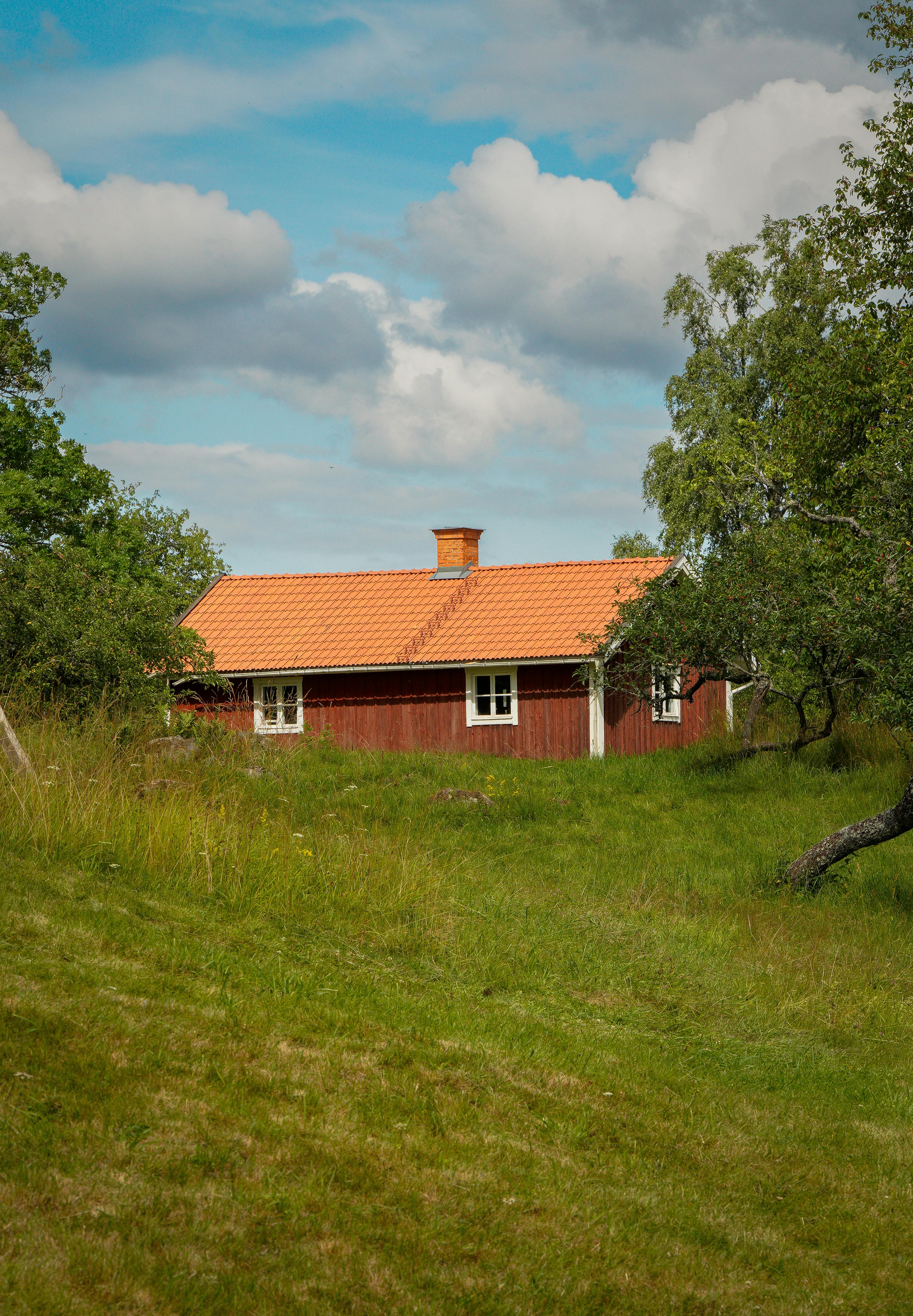 Charming red cottage amidst lush greenery under a blue sky in Jönköping, Sweden.