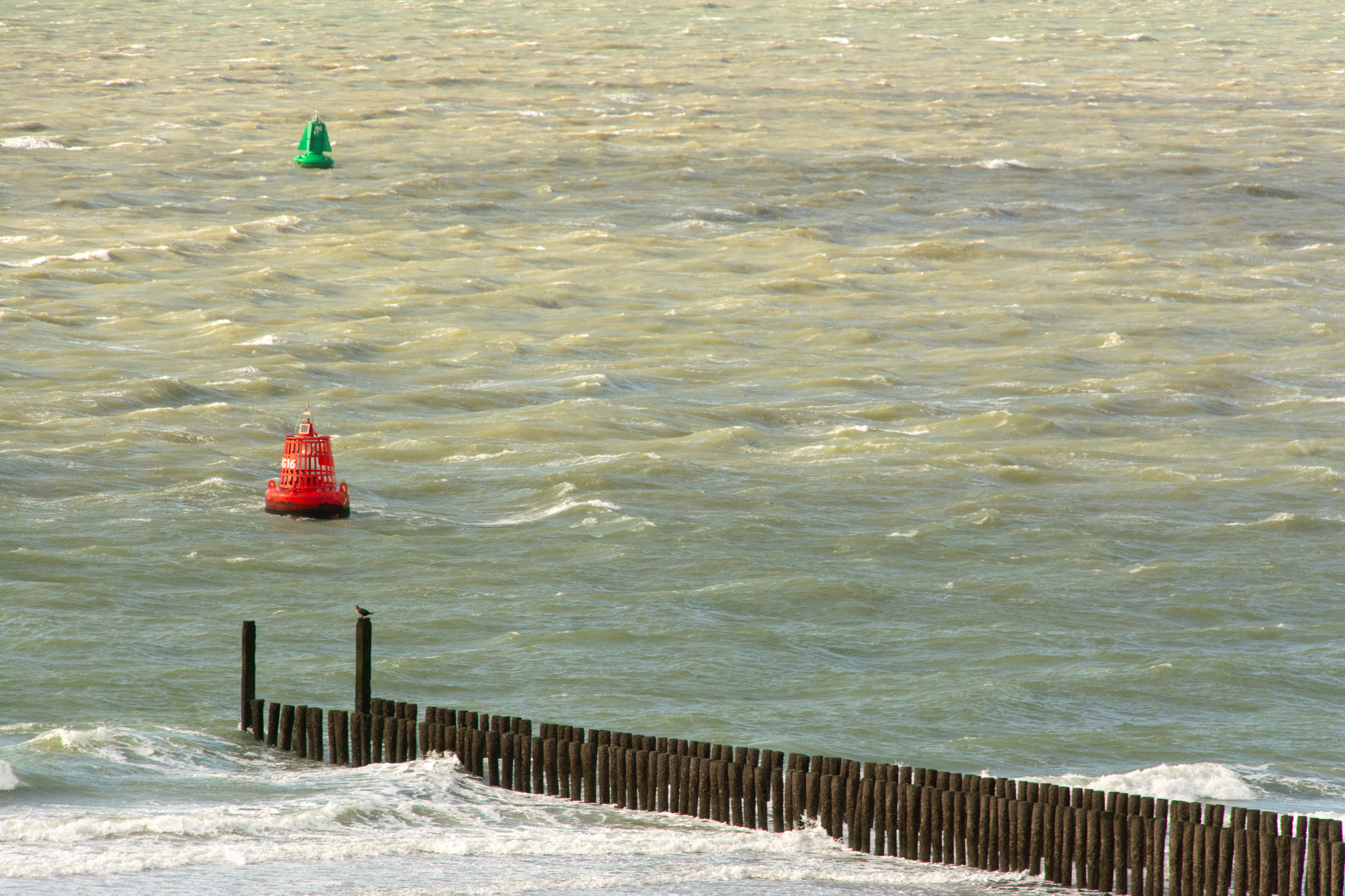 Ocean landscape featuring red and green buoys with a wooden breakwater and waves.