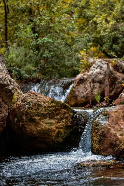 Free A tranquil waterfall cascading over rocks in a verdant forest, showcasing natural beauty. Stock Photo