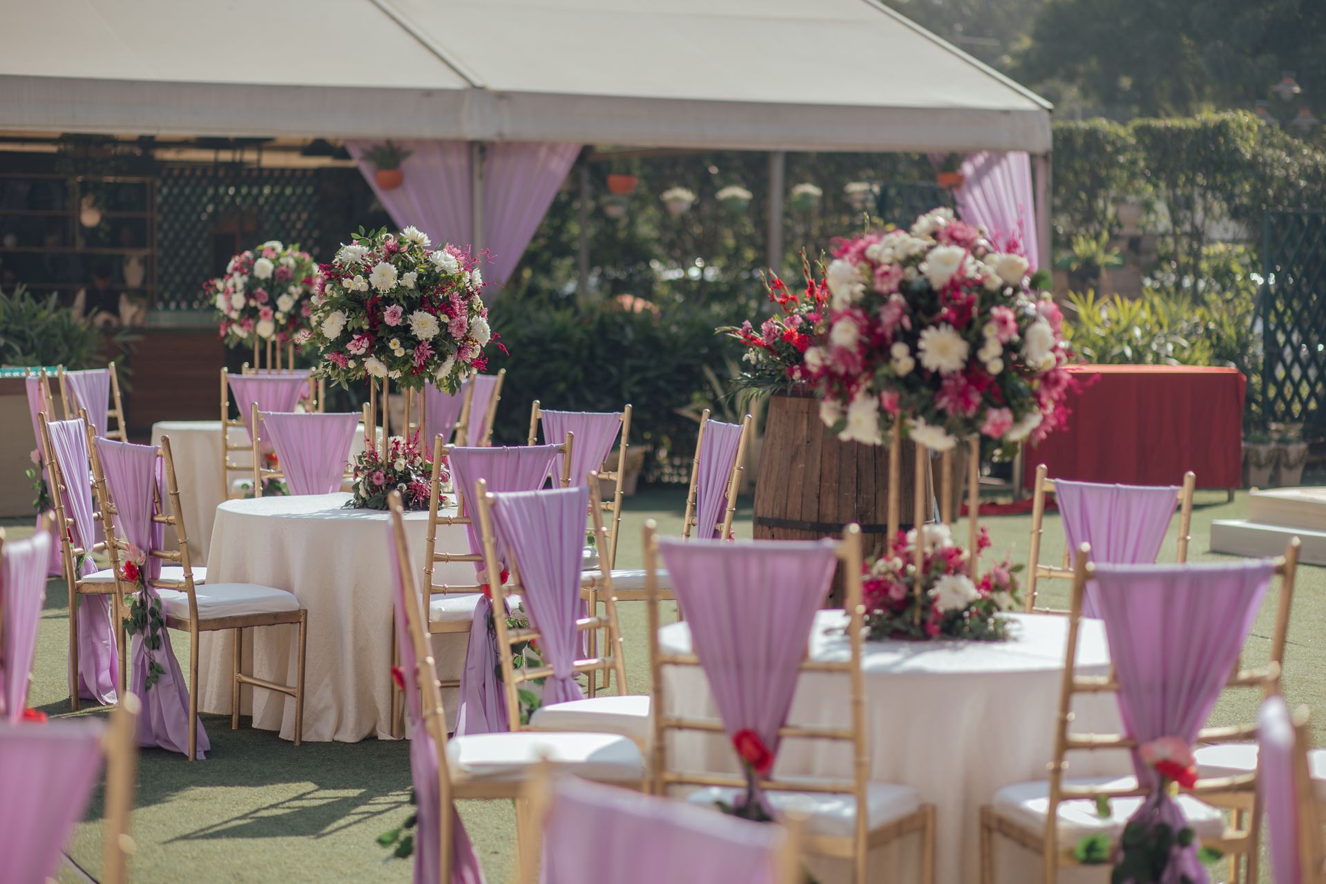 Charming outdoor wedding setup with floral arrangements and decorated chairs, perfect for a spring celebration.