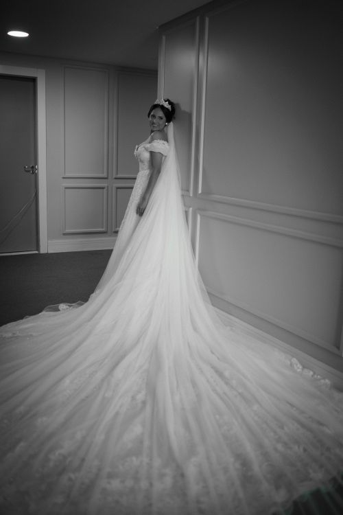 Free A bride poses gracefully in a luxurious wedding dress with a long train in an elegantly decorated hallway. Stock Photo
