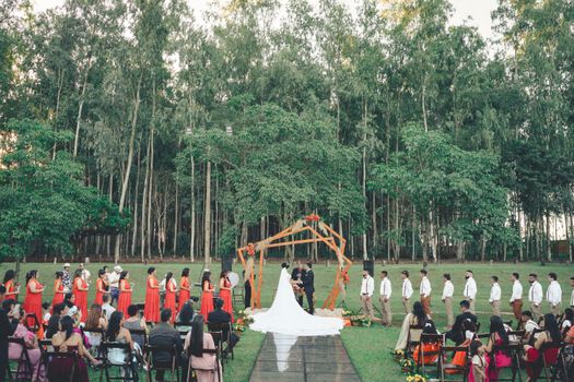 A picturesque outdoor wedding ceremony set amidst tall trees, featuring a long aisle with lined guests.